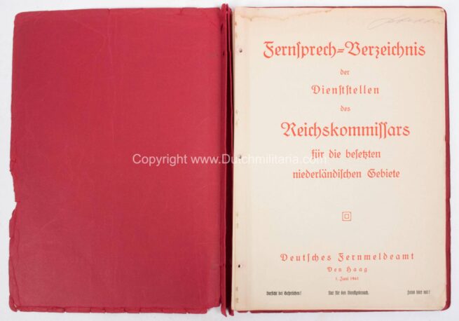 (Phonebook Reichskommissariat) Fernsprech-Verzeichnis der Dienststellen des Reichskommissars für die besetzten niederländische Gebiete (1941) - extremely rare