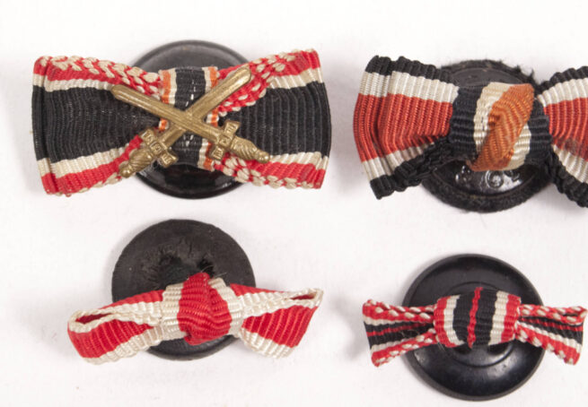 German WW2 Four miniature buttonhole medal ribbons KVK2, EK2, Volkspflege, KVKm