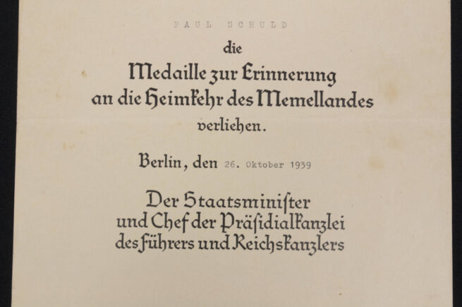 (CitationUrkunde) Medaille zur Erinnerung an die Heimkehr des Memellandes (1939)