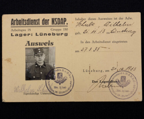 Early Arbeitsdienst der NSDAP Lager Lüneburg Arbeitsgau 18 Gruppe 180 Ausweis - Very Rare