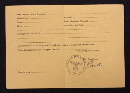 (Pass) Der Reichskommissar für die Besetzten Niederländischen Gebiete - Der Beauftragte für die Provinz Utrecht - Fahrradsicherstellung (1942)