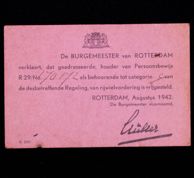 (Pass) Vrijstelling vordering rijwiel - Rotterdam (1942)