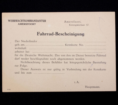 (Pass) Wehrmachtkommandantur Amersfoort - Fahrrad-Bescheinigung (1942)