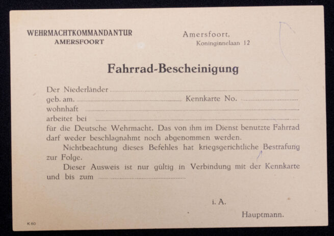 (Pass) Wehrmachtkommandantur Amersfoort - Fahrrad-Bescheinigung (1942)