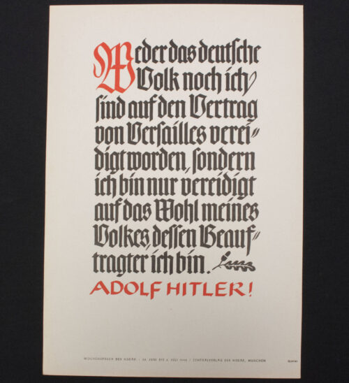 WWII German NSDAP Wochenspruch (propaganda miniposter Treaty of Versailles) – Adolf Hitler