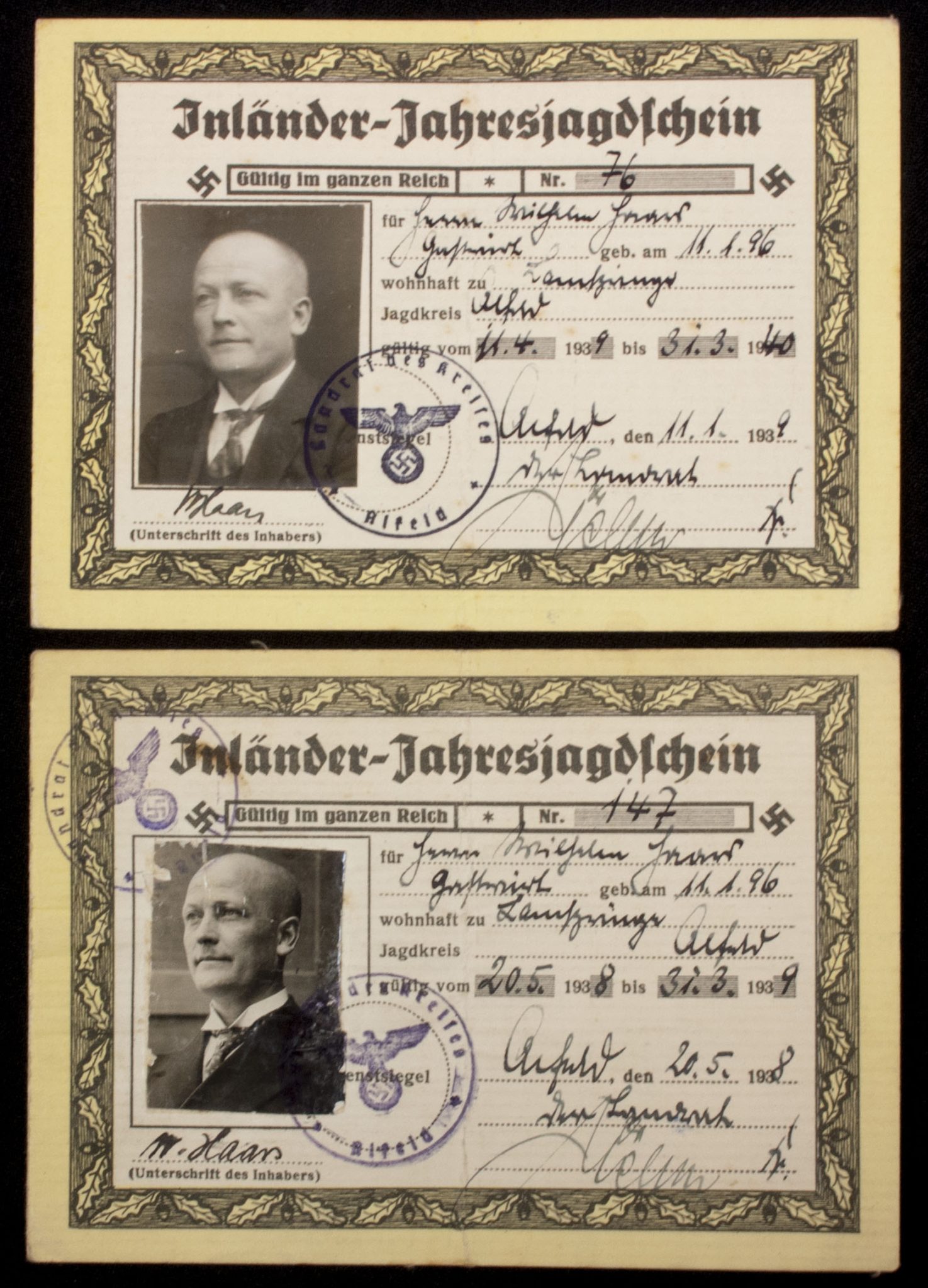 2x Inlämder-Jahresjagdschein from the same man (1939 + 1940)