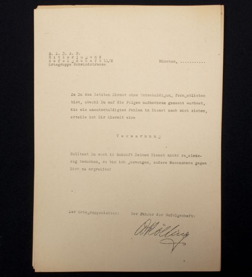 (Document) NSDAP Hitlerjugend Gefolgschaft 11N Ortsgruppe Schwindstrasse - München