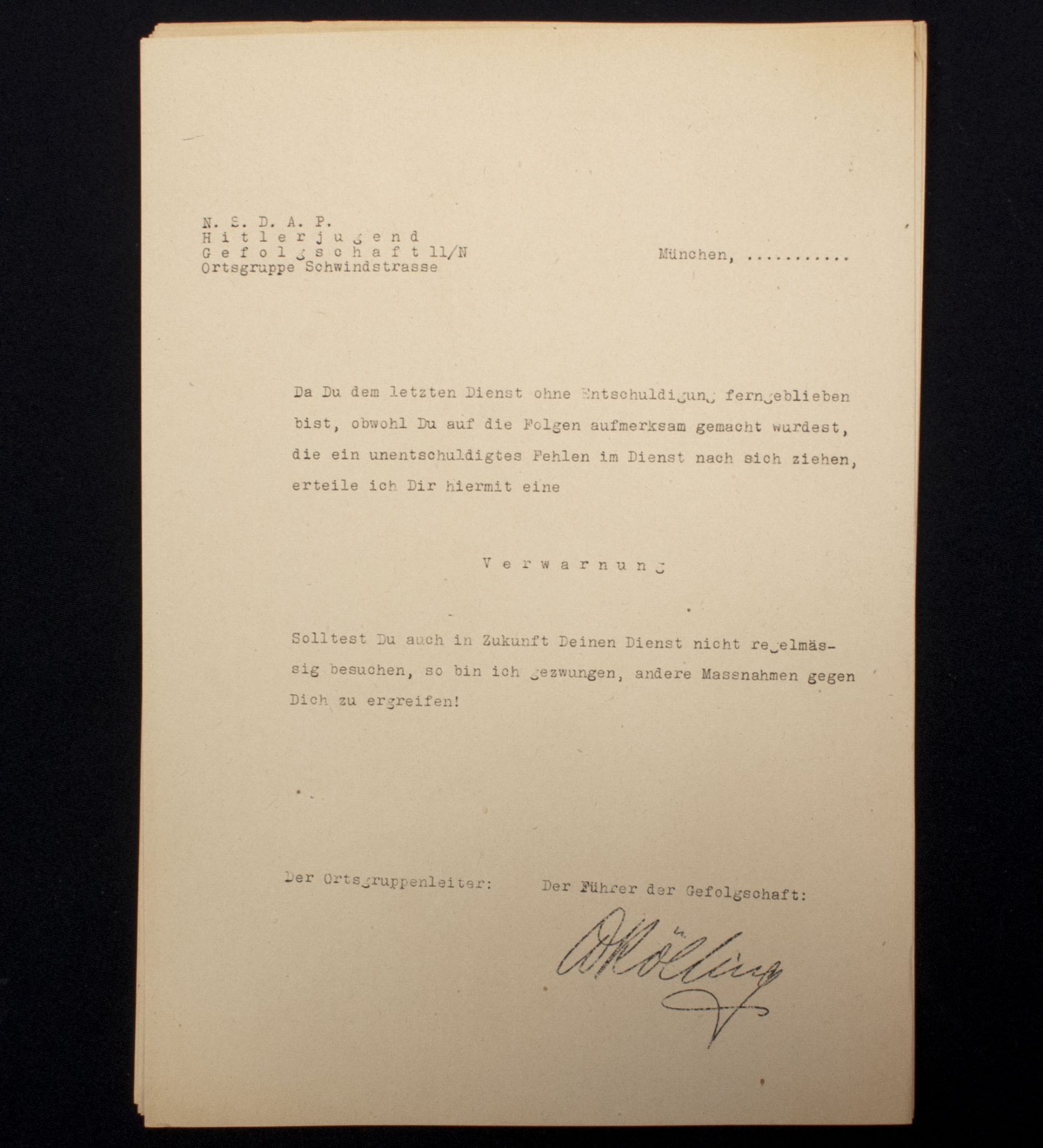 (Document) NSDAP Hitlerjugend Gefolgschaft 11N Ortsgruppe Schwindstrasse - München