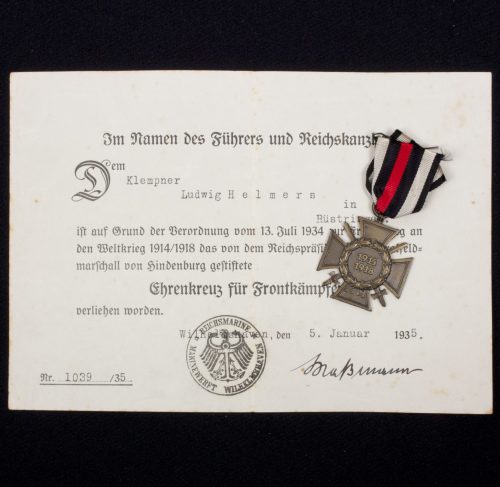 Ehrenkreuz für Frontkämpfer + Citation (Rüstringen)