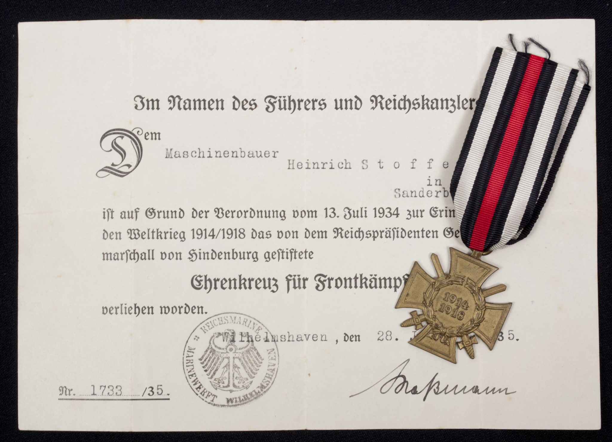 Ehrenkreuz für Frontkämpfer + citation (Sanderbusch)