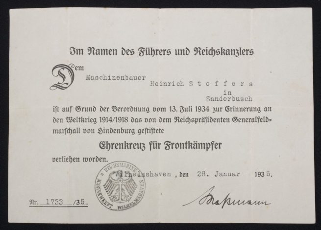 Ehrenkreuz für Frontkämpfer + citation (Sanderbusch)