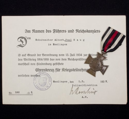Ehrenkreuz für Kriegsteilnehmer + Citation (Esslingen)