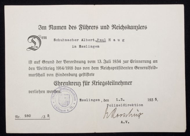 Ehrenkreuz für Kriegsteilnehmer + Citation (Esslingen)