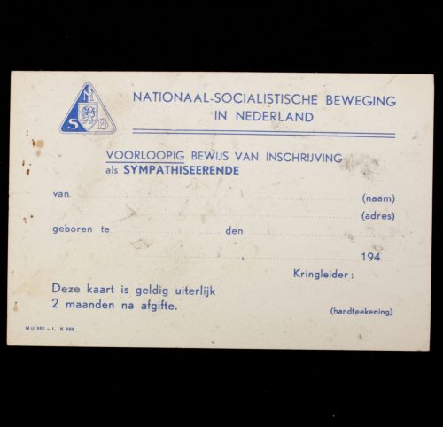 (NSB) Voorloopig bewijs van inschrijving als Sympathiseerende (Sympathisers membercard) (1942) - very rare