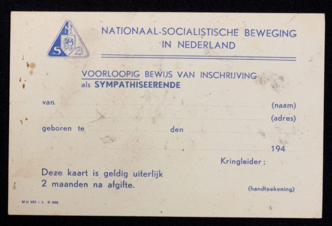 (NSB) Voorloopig bewijs van inschrijving als Sympathiseerende (Sympathisers membercard) (1942) - very rare