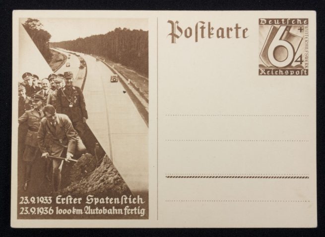 (Postcard) 1933 Erster Spatenstich. 1000 Km Autobahn fertig 1936