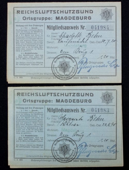 Reichsluftschutzbund Ortsgruppe Magedeburg Mitgliedsausweis - (Mother and Daughter)
