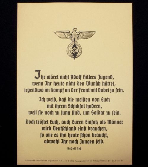 Wochenparole der Hitlerjugend (HJ) with a saying of Rudolf Hess (1940) - rare