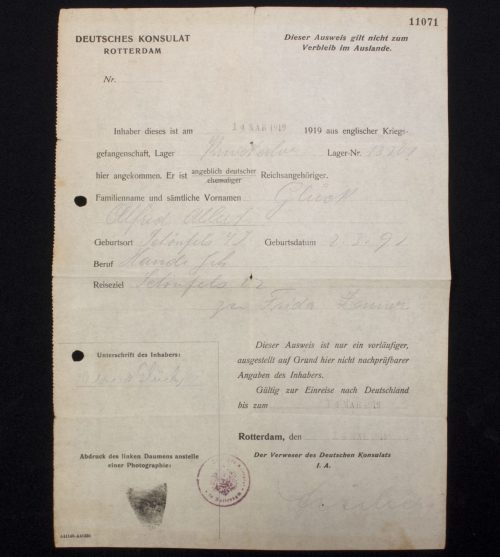 Deutsches Konsolat Rotterdam - 1919 - Englisher Kriegsgefangenschaft