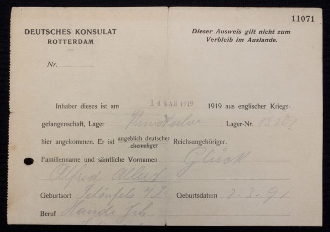Deutsches Konsolat Rotterdam - 1919 - Englisher Kriegsgefangenschaft
