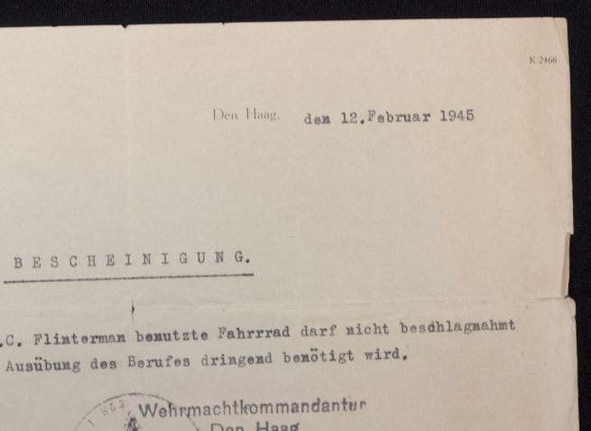 (Document) Bescheinigung Fahrrad Den Haag February 1945