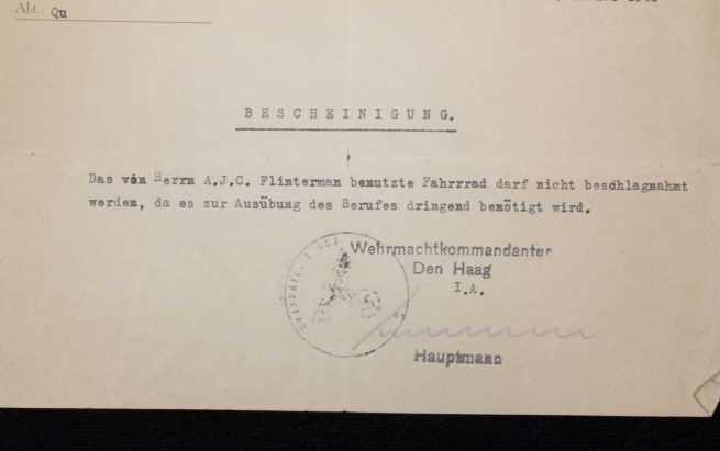 (Document) Bescheinigung Fahrrad Den Haag February 1945