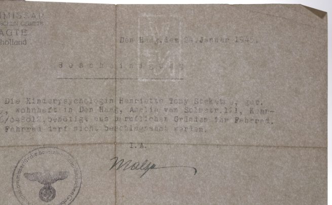 (Document) Bescheinigung Fahrrad Den Haag January 1945
