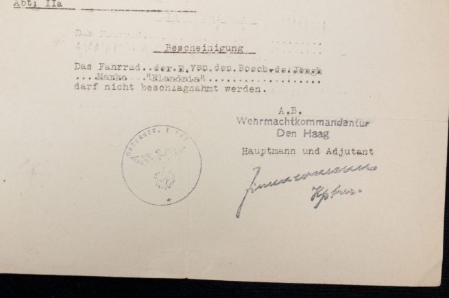(Document) Bescheinigung Fahrrad Den Haag November 1944