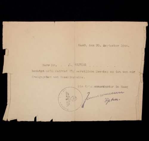 (Document) Bescheinigung Fahrrad Den Haag September 1944