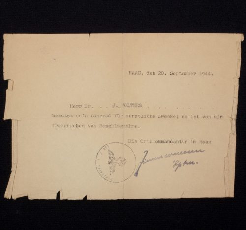 (Document) Bescheinigung Fahrrad Den Haag September 1944
