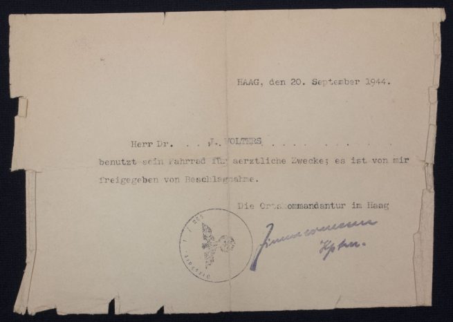 (Document) Bescheinigung Fahrrad Den Haag September 1944