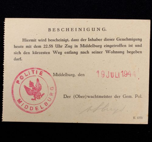 (Document) Bescheinigung Middelburg 19 Juli 1944