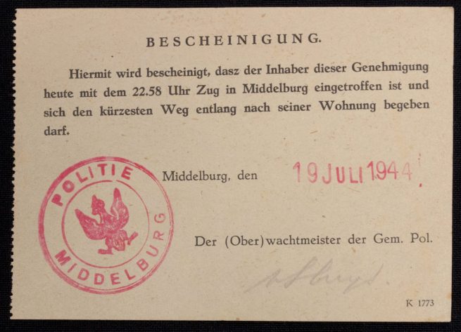 (Document) Bescheinigung Middelburg 19 Juli 1944