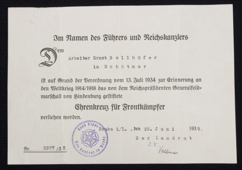 Ehrenkreuz für Frontkämpfer + citation (Bollhöfer)