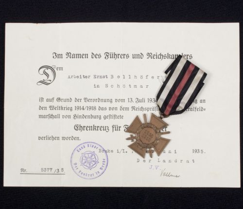 Ehrenkreuz für Frontkämpfer + citation (Bollhöfer)