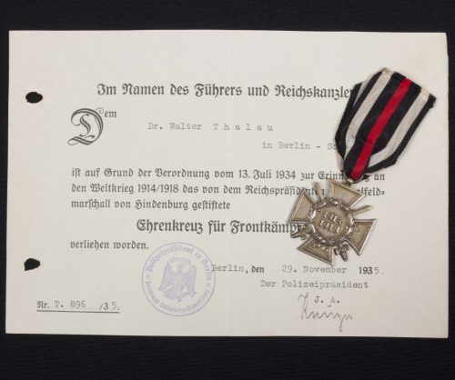Ehrenkreuz für Frontkämpfer + citation (Thalau)