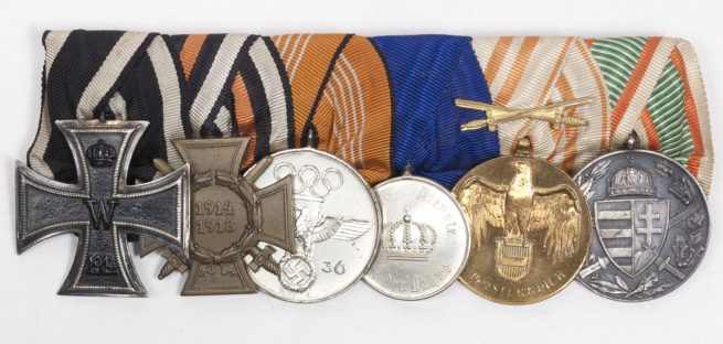 German WWII Medalbar with EK2, FEK, Olympia medal, Treue dienst, austrian and Bulgarian WWI commemorative medals