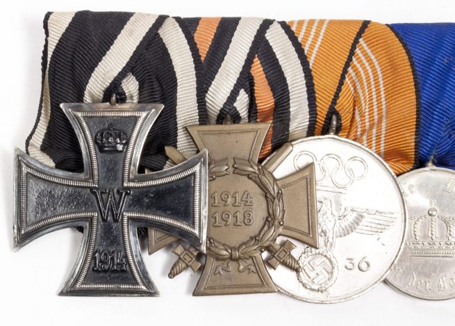 German WWII Medalbar with EK2, FEK, Olympia medal, Treue dienst, austrian and Bulgarian WWI commemorative medals