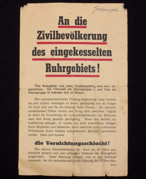 (Pamphlet) An die Zivilbevölkerung des eingekesselten Ruhrgebiets!