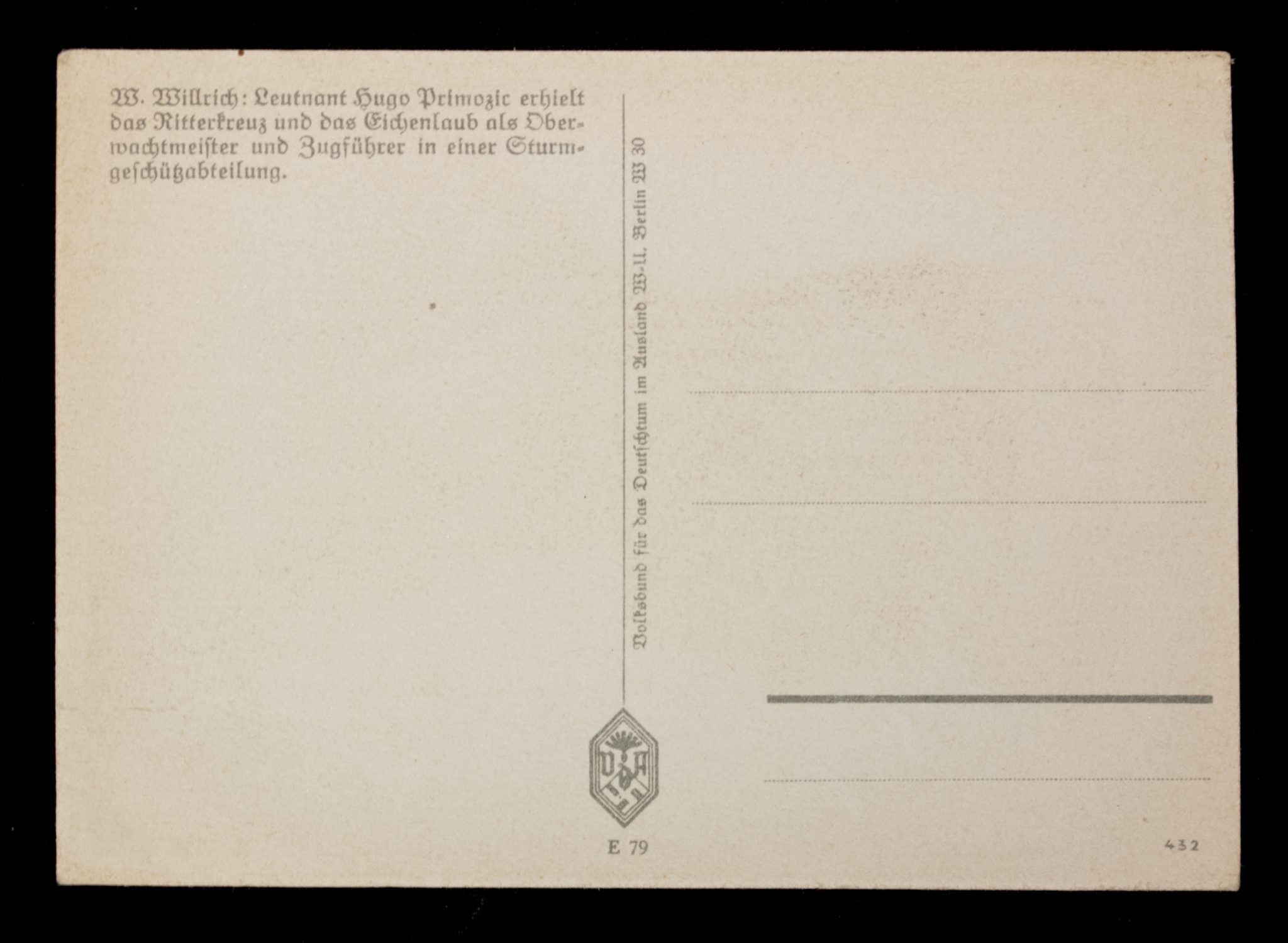 (Postcard) Willrich - Leutnant Hugo Primozic erhielt das Ritterkreuz und das Eichenlaub als Oberwachtmeister und Zugführer in einer Sturmgeschützabteilung