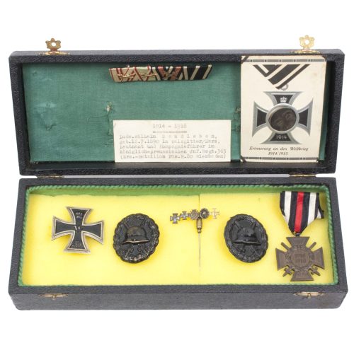 WWI named German veteran medal group in case with EK1, 2x VWA black + rare medalpin + miniature medalbar