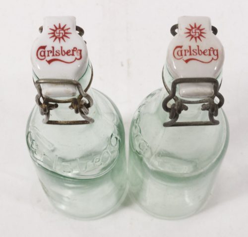 (Denmark) Two Carlsberg Beerlemonade bottles World War II with swastika bottle caps