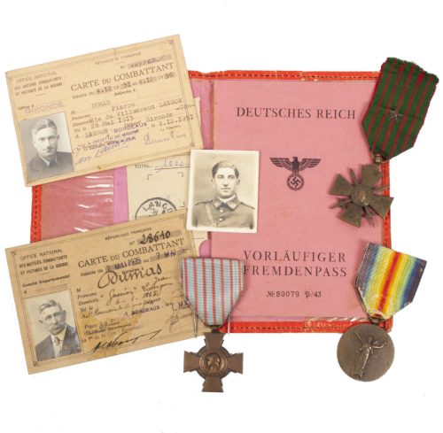French WWI Veteran grouping with German WWII Vorläufiger Fremdenpass + medals + citations