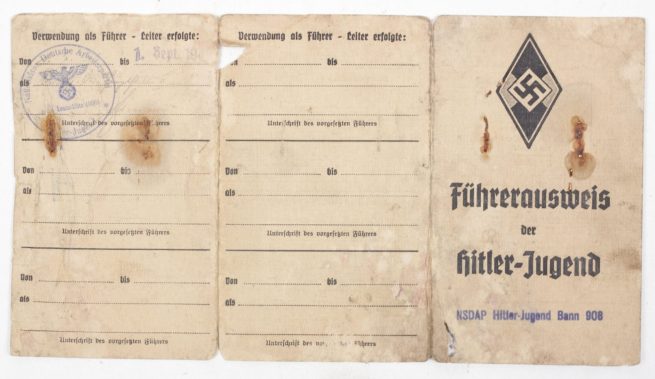 Hitlerjugend (HJ) Führerausweis der Hitler-Jugend - NSDAP Hitler-Jugend Bann 908