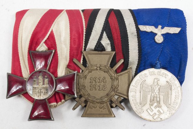 WWII German medalbar with Hanseatenkreuz Hamburg + Frontkämpfer Kreuz + Wehrmacht Dienstauszeichnung (With makerstag Grabow & Matthes Kiel)