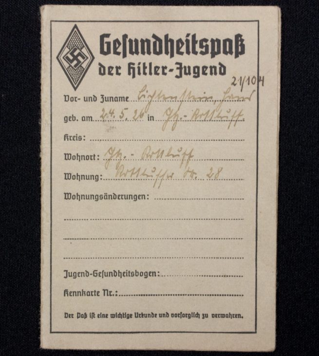 Hitlerjugend (HJ) Gesundheitspass der Hitler-Jugend + photo