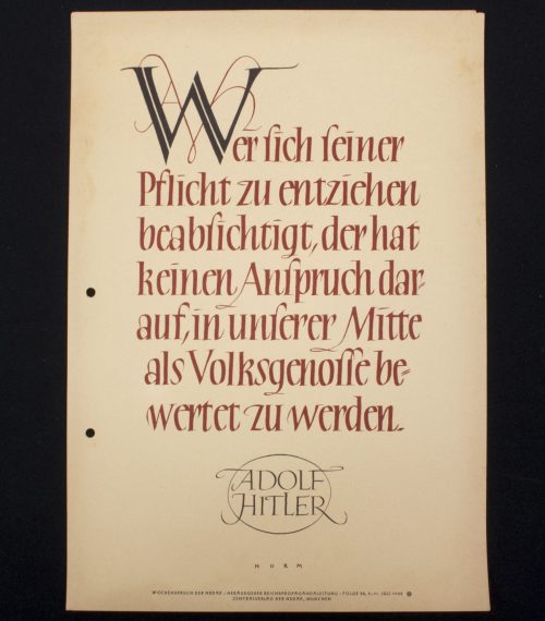WWII German Wochenspruch (propaganda miniposter) Adolf Hitler (1942)