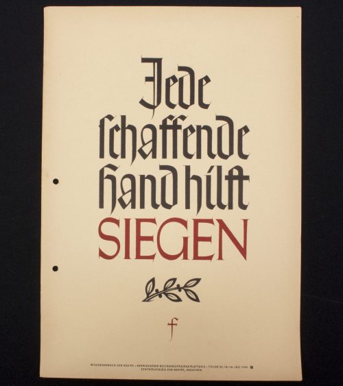 WWII German Wochenspruch (propaganda miniposter) Jede schaffende Hand hilft SIEGEN (1942)