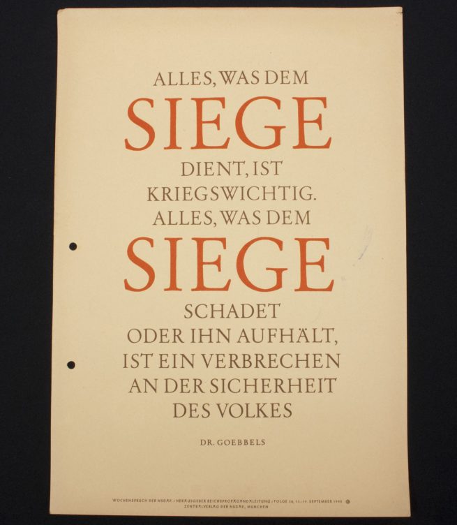 WWII German Wochenspruch (propaganda miniposter) with a saying of Dr. Goebbels