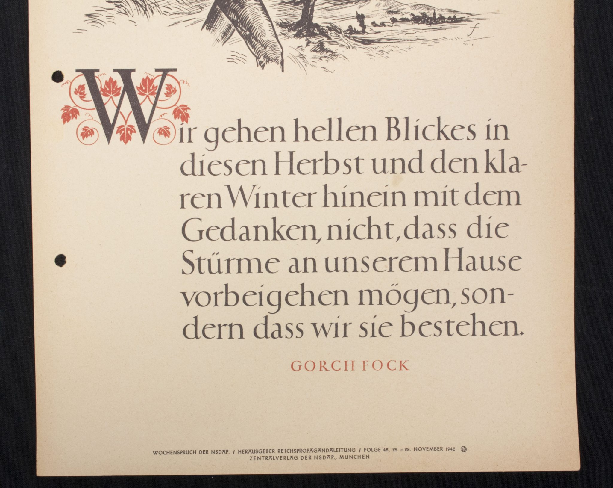 WWII German Wochenspruch (propaganda miniposter) with a saying of Gorch Fock (1942)